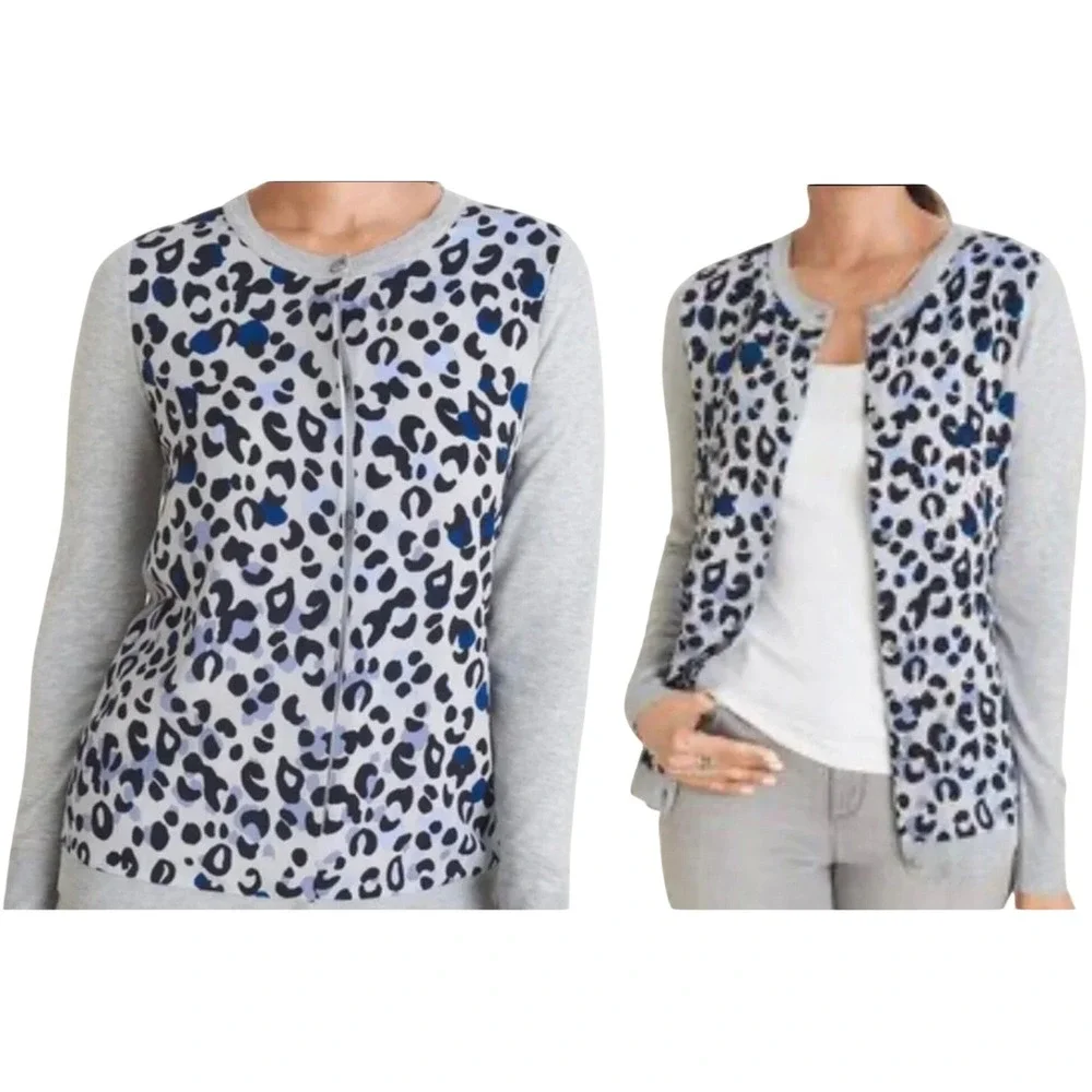 Chico's Grey Blue Leopard‎ Print Mixed Media Button Front Cardigan Sweater M